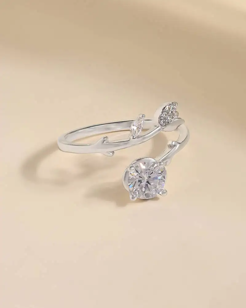 Touch925 whispering leaf silver ring with cz stone in 925 purity for women