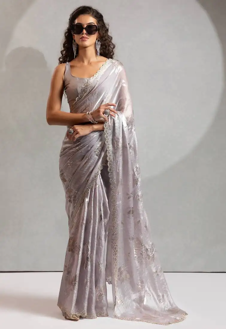 Grey foil printed two tone silk blend embroidered saree