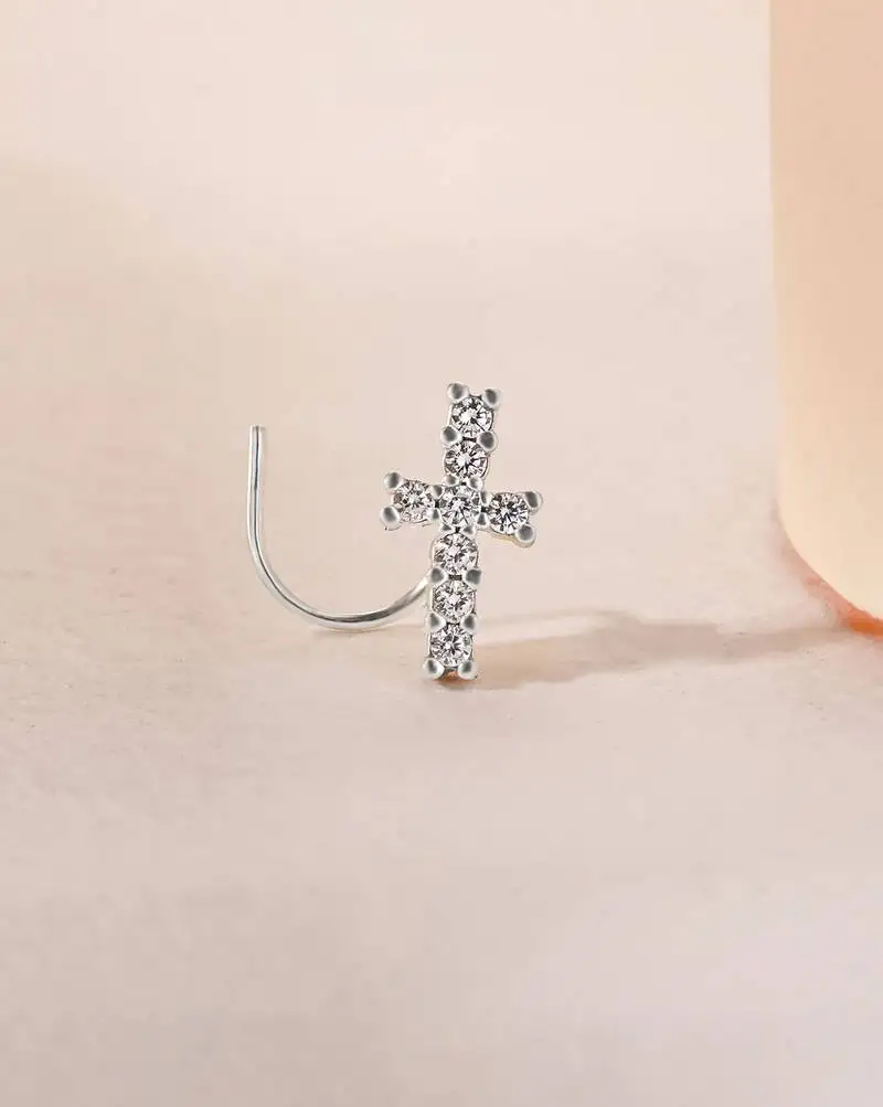 Touch925 cross charm silver nose pin - white