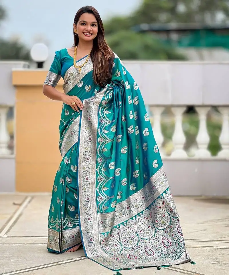 Teal green color banarasi silk saree with woven jacquard designer ethnic style