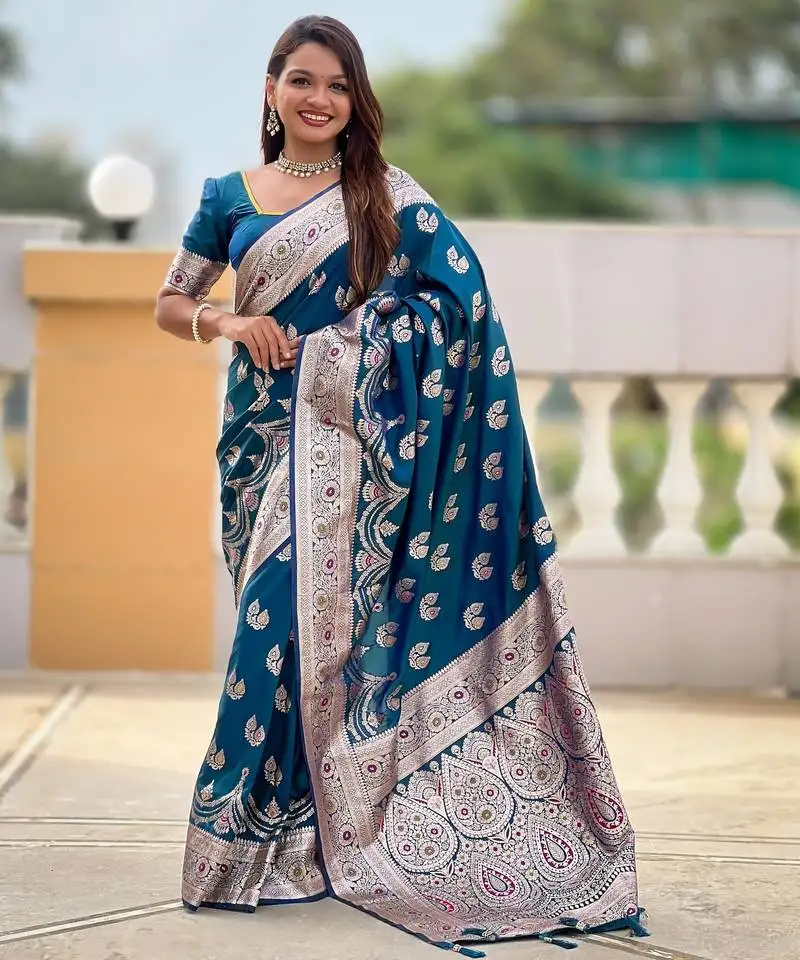 Teal blue color banarasi silk saree with woven jacquard designer ethnic style