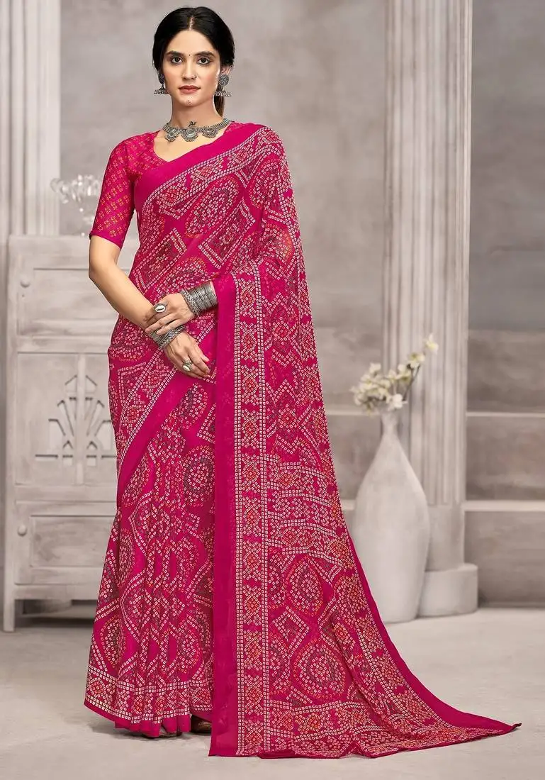 Magenta chiffon bandhani geometric printed saree with blouse