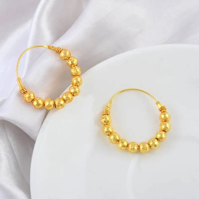 Brass micron carved beaded hoop earrings women