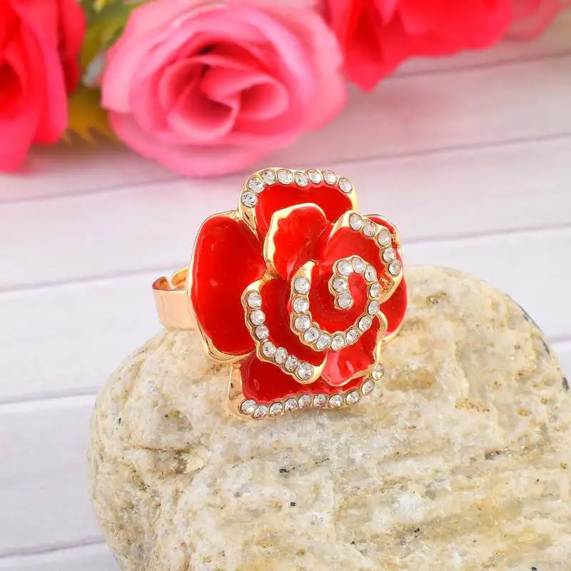 Brass gold plated cz red rose design fashion finger ring women free size