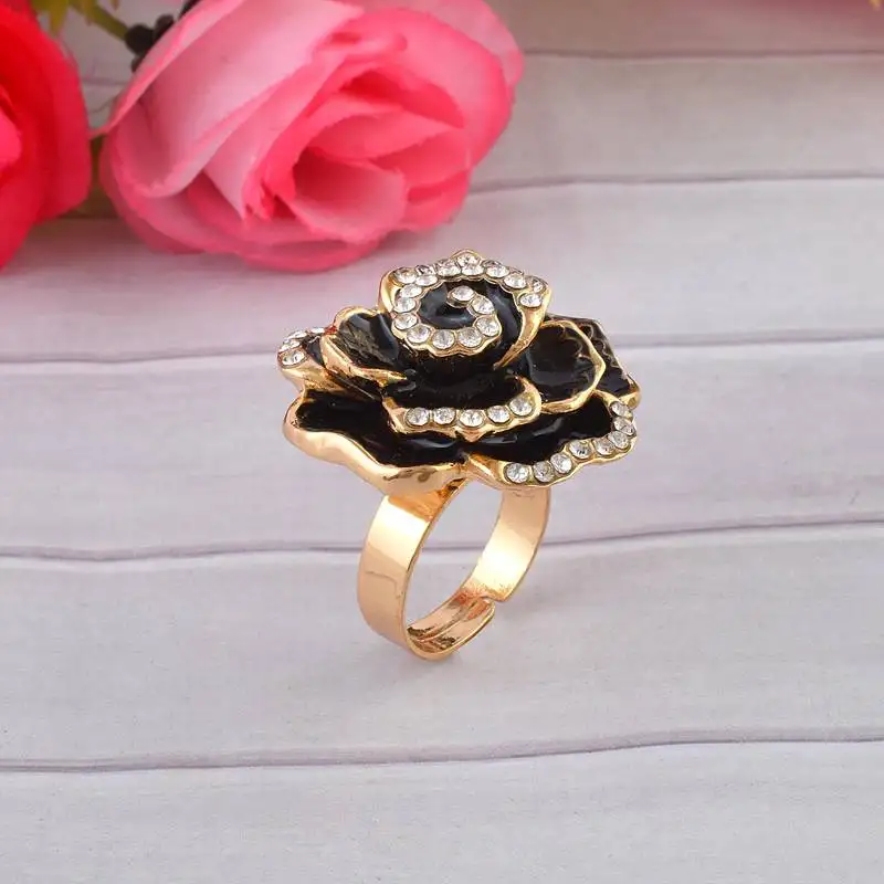 Brass gold plated cz black rose design fashion finger ring women free size