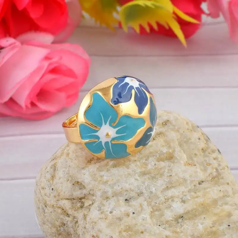 Brass gold and blue mural finger ring for women free size