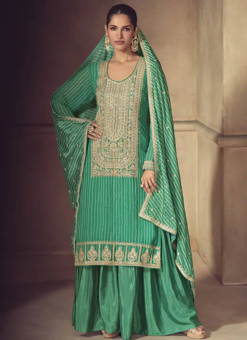 Bottel green chinon silk embroidered designer sharara suit stitched