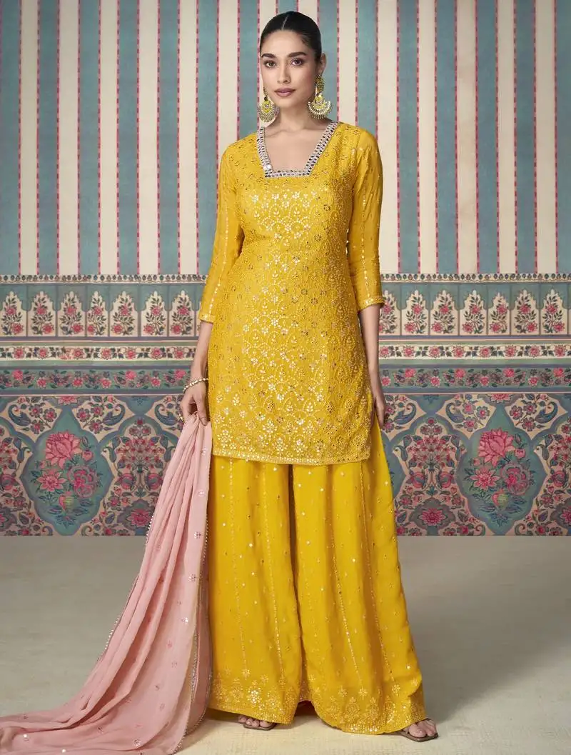 Yellow sequins embroidery chinnon silk palazo with dupatta free size stitch semi stitched