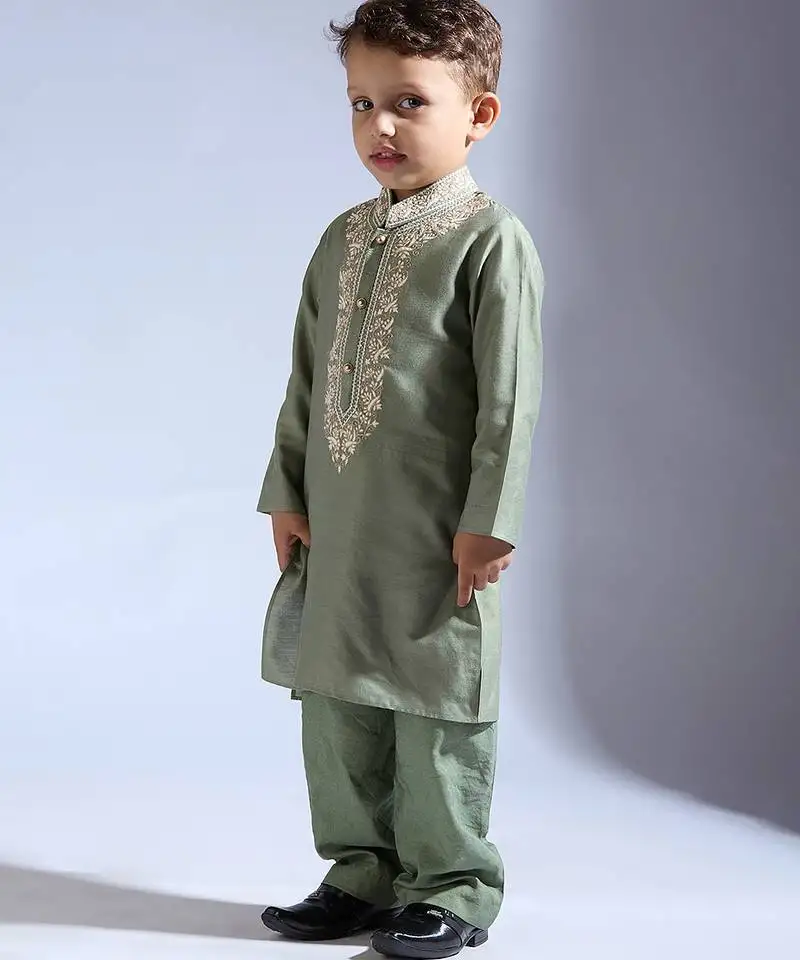 Green embroidered silk kurta pyjama