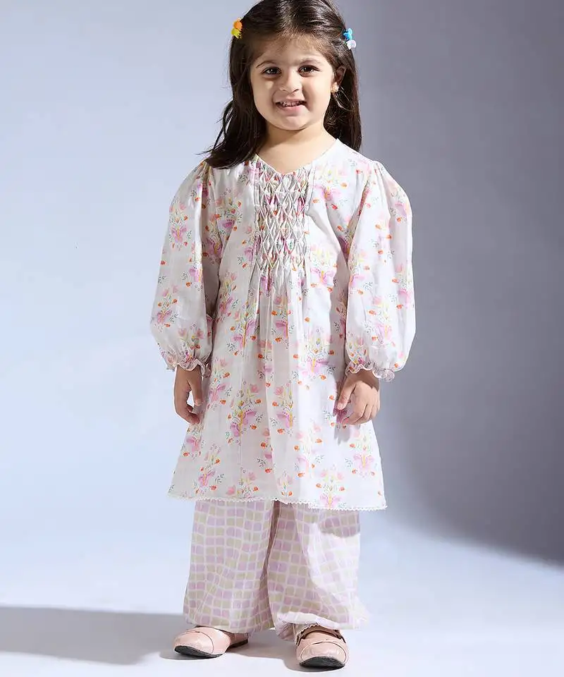 White printed cotton kurta with pant