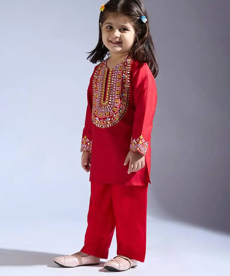Red embroidered silk kurta with pant