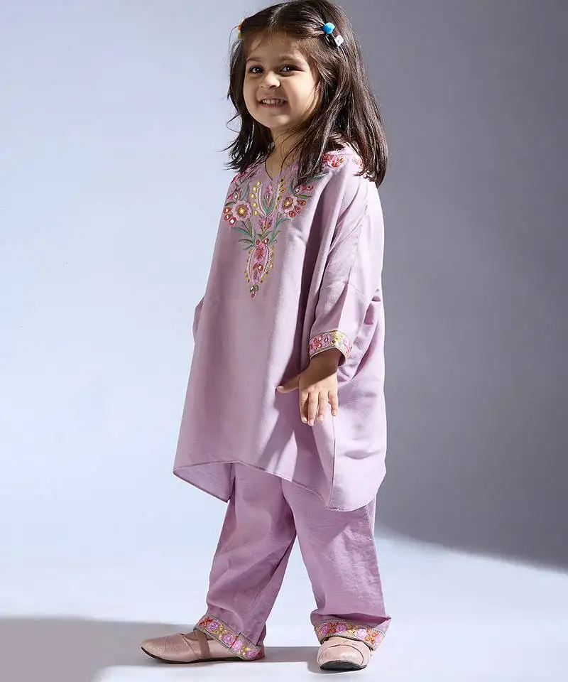 Purple embroidered silk kurta with pant