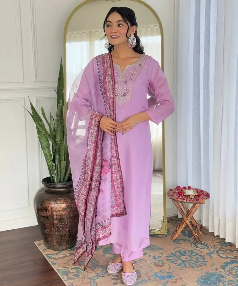 Elegant baby pink colored party wear embroidered stitched rayon pant style kurti suit with duppatta