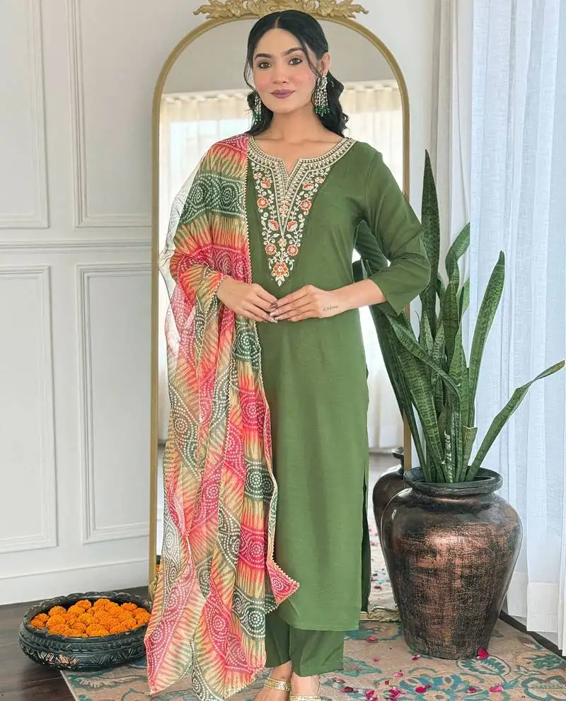 Elegant green colored party wear embroidered stitched rayon pant style kurti suit with duppatta