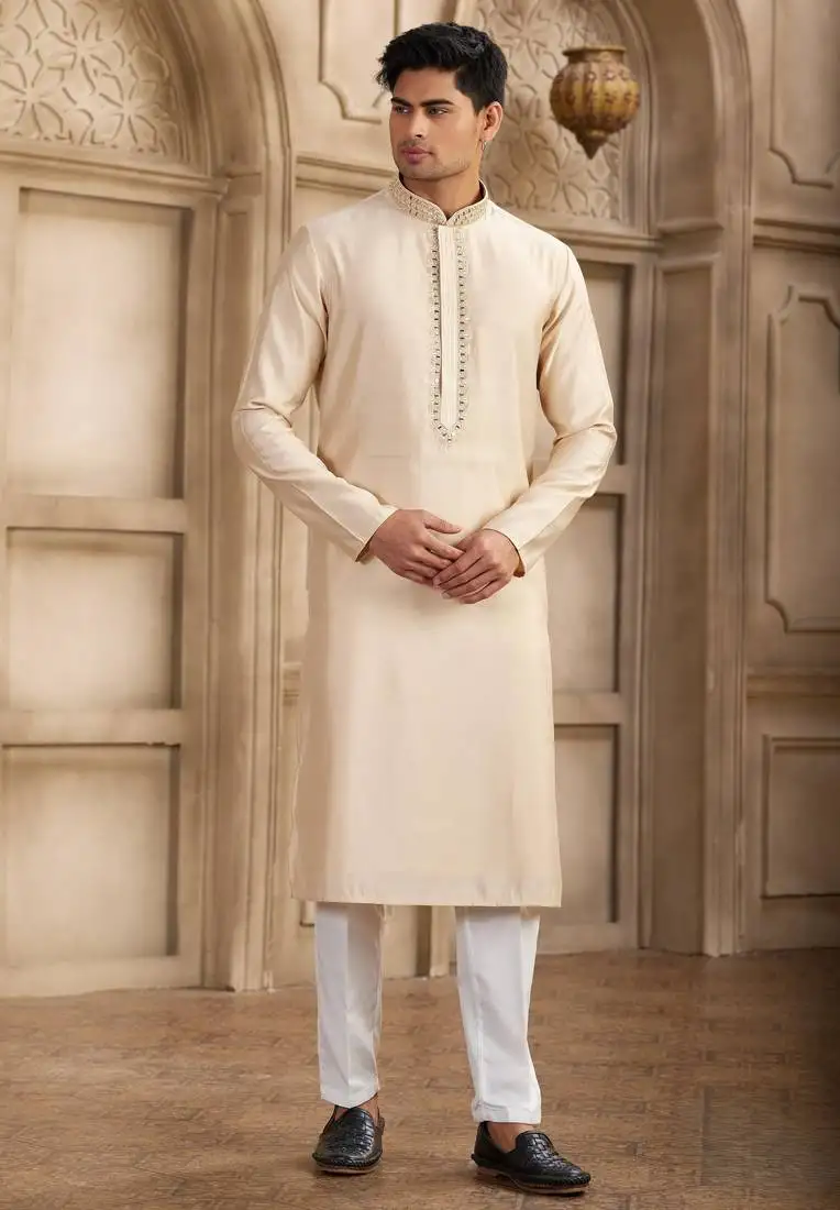 Men's beige straight kurta with plain banarasi art silk and with lining