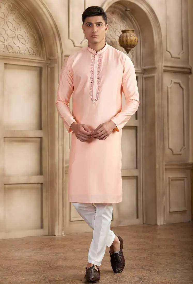 Men's pink straight kurta with plain banarasi art silk and with lining