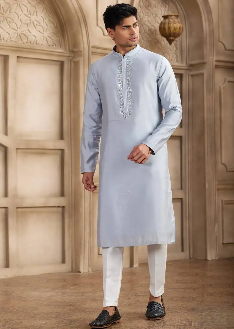 Men's sky blue straight kurta with plain banarasi art silk and with lining