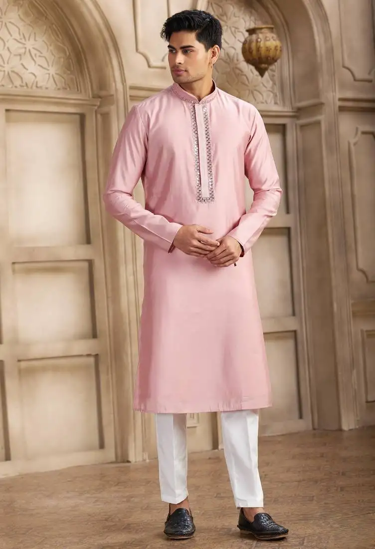 Men's dark pink straight kurta with plain banarasi art silk and with lining
