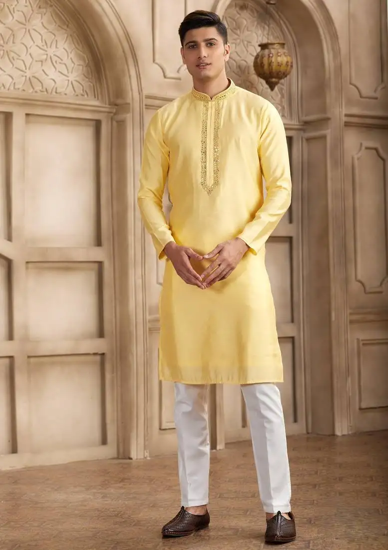 Men's yellow straight kurta with plain banarasi art silk and with lining
