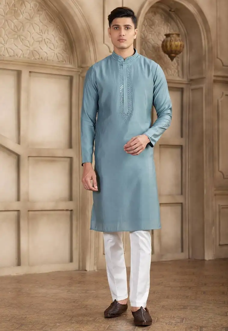 Men's blue straight kurta with plain banarasi art silk and with lining