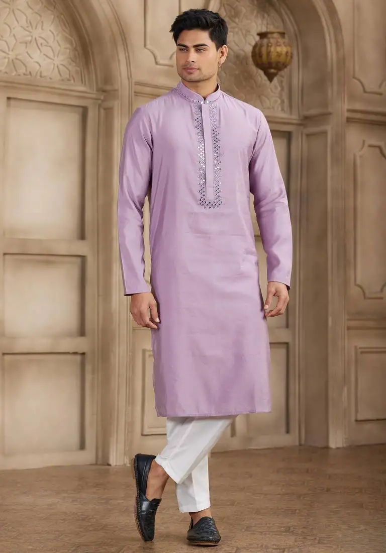 Men's purple straight kurta with plain banarasi art silk and with lining