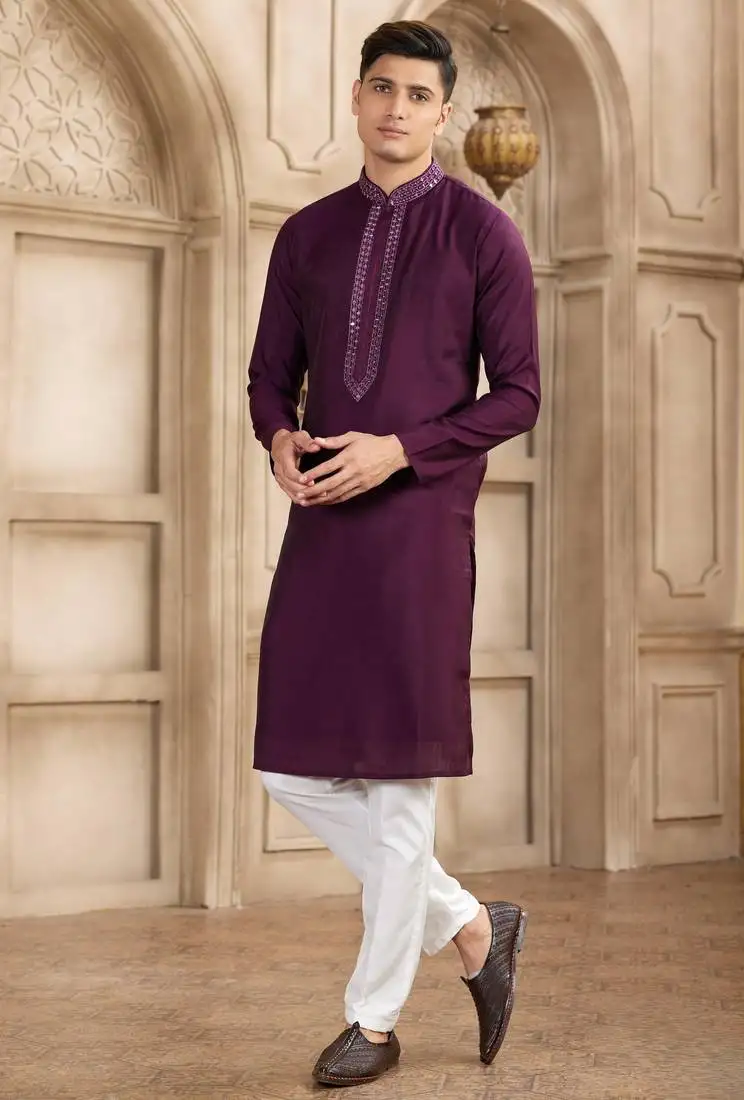 Men's wine straight kurta with plain banarasi art silk and with lining