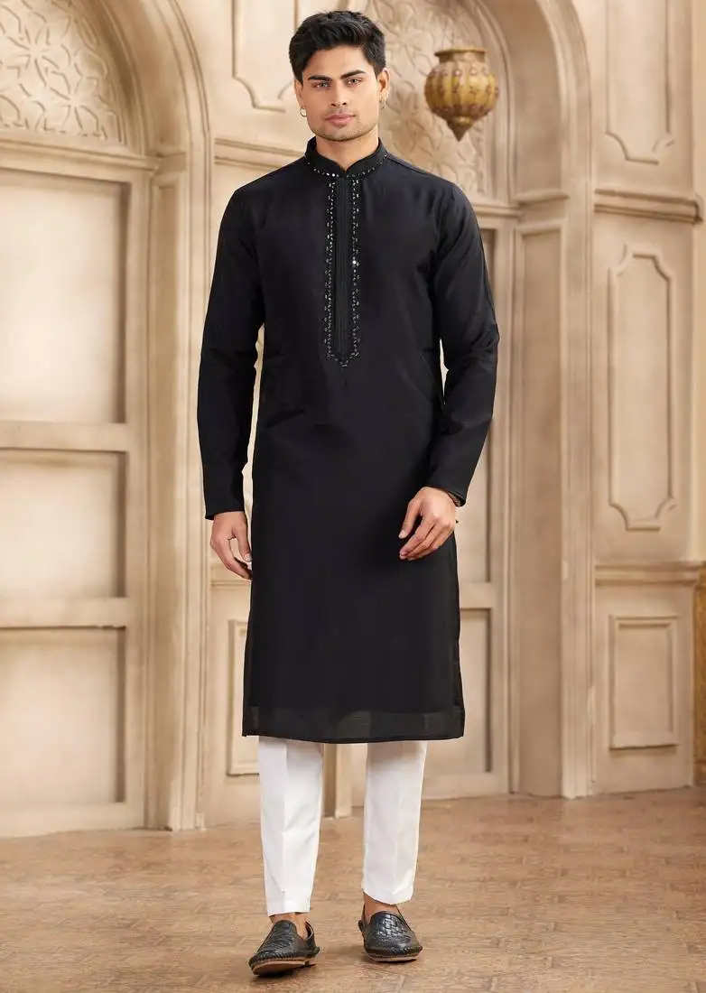 Men's black straight kurta with plain banarasi art silk and with lining