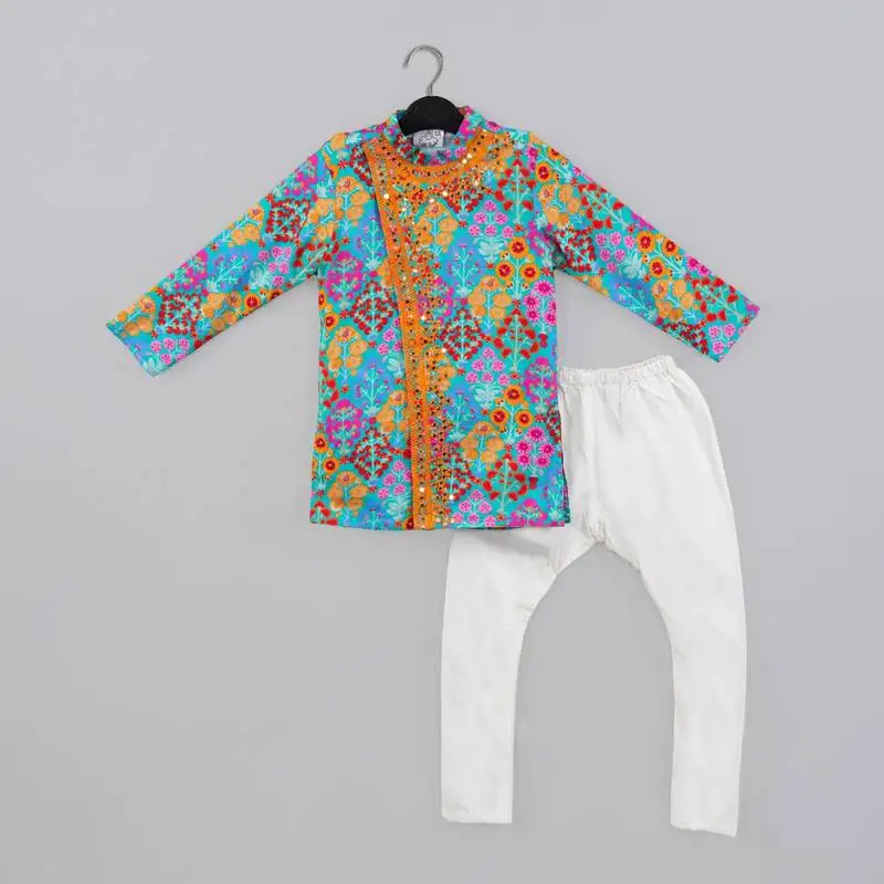 Blue stylish floral printed front open kurta ,mirror work and embroidery with pajama set