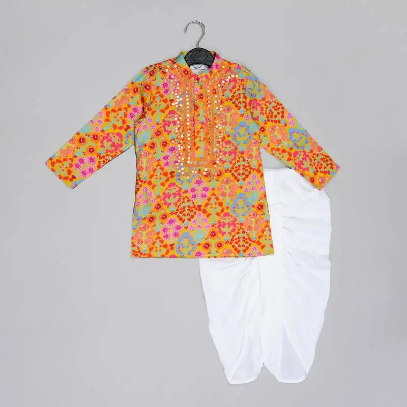 Mustard floral printed mirror work and embroiderd kurta with dhoti set