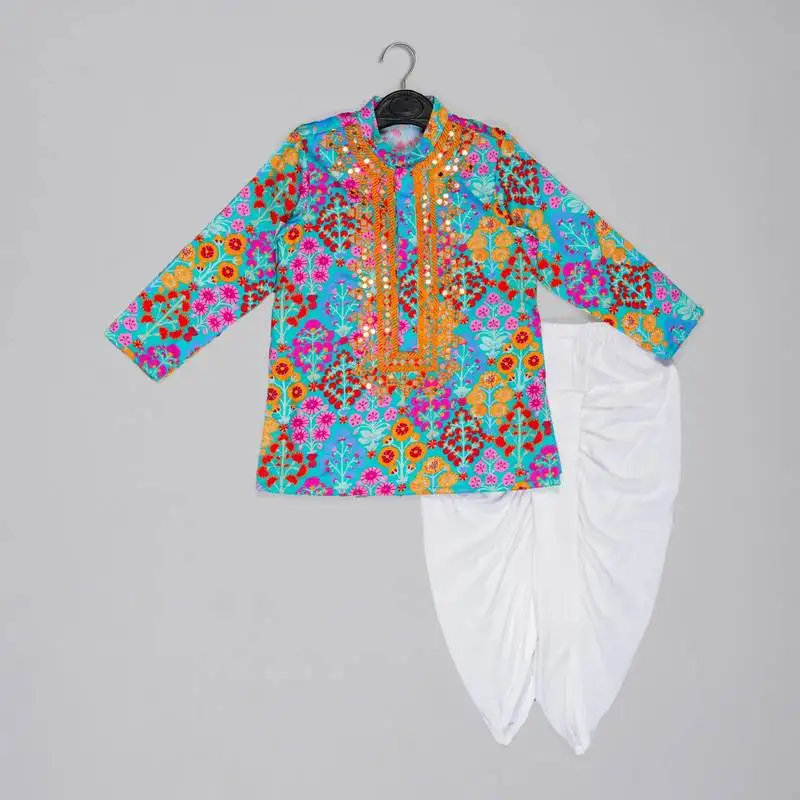 Blue floral printed mirror work and embroiderd kurta with dhoti set