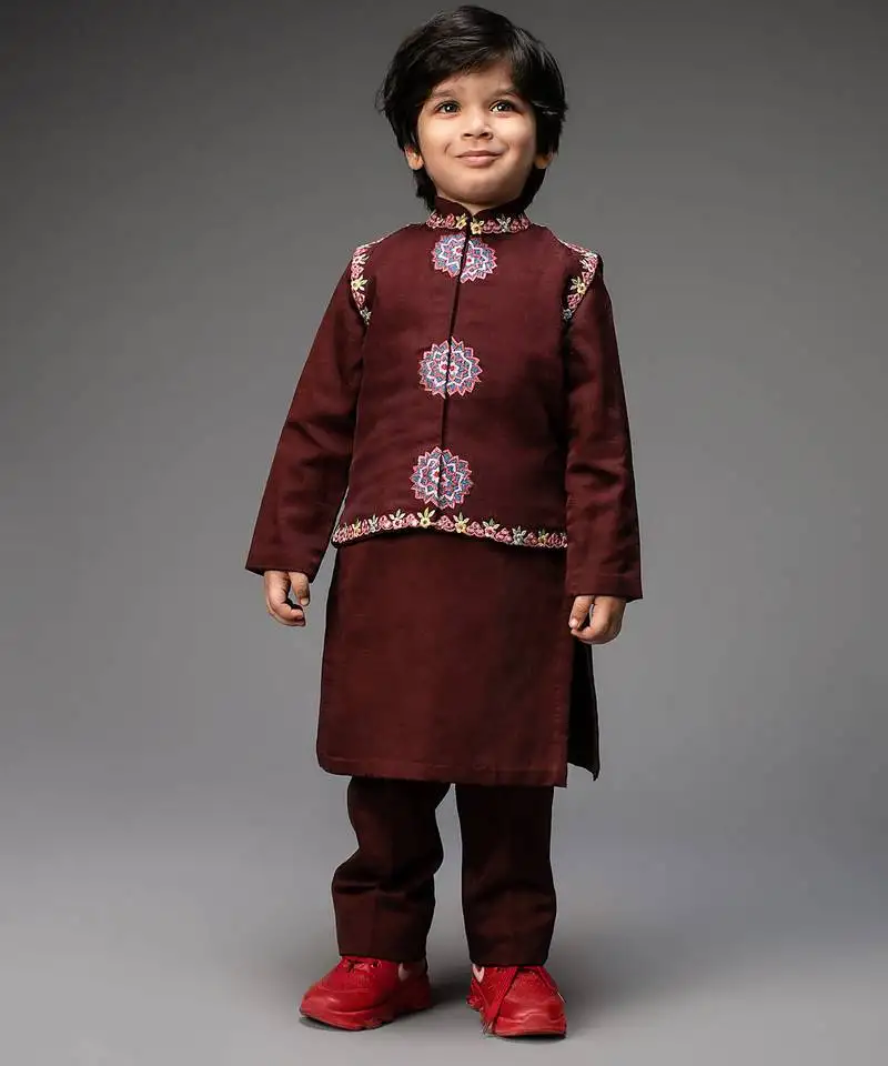 Maroon embroidered organza nehru jacket set