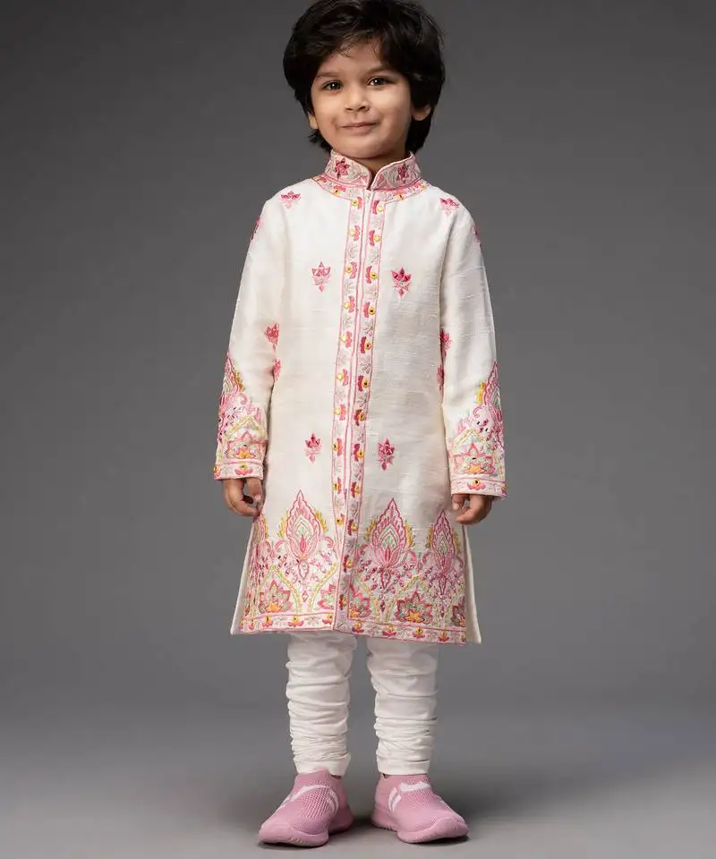 White embroidered raw silk kurta pyjama