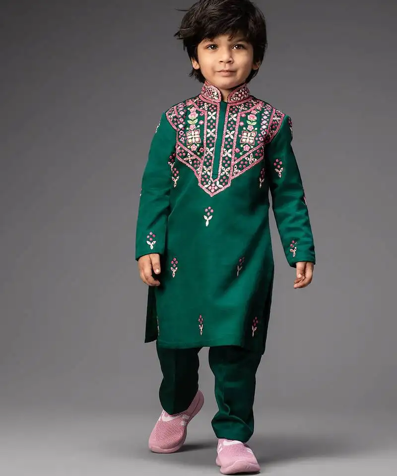 Green embroidered satin kurta pyjama