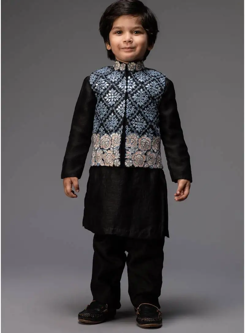 Black embroidered cotton silk nehru jacket set