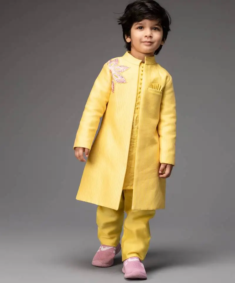 Yellow plain chanderi kurta pyjama