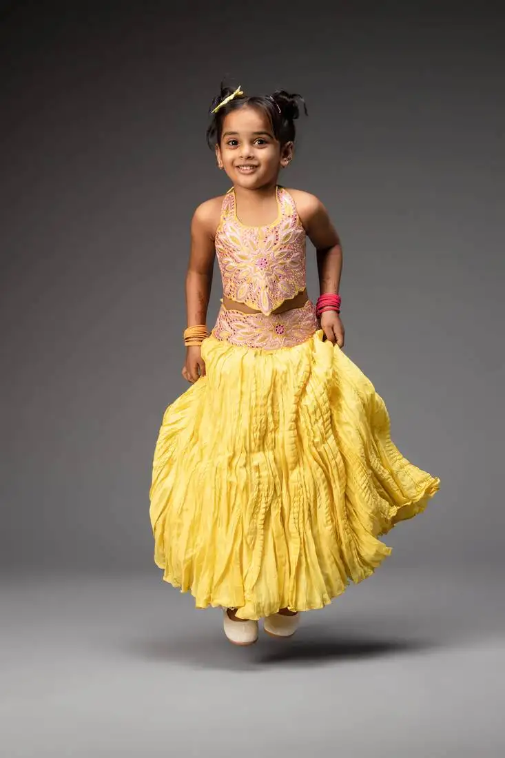 Yellow embroidered chanderi lehenga