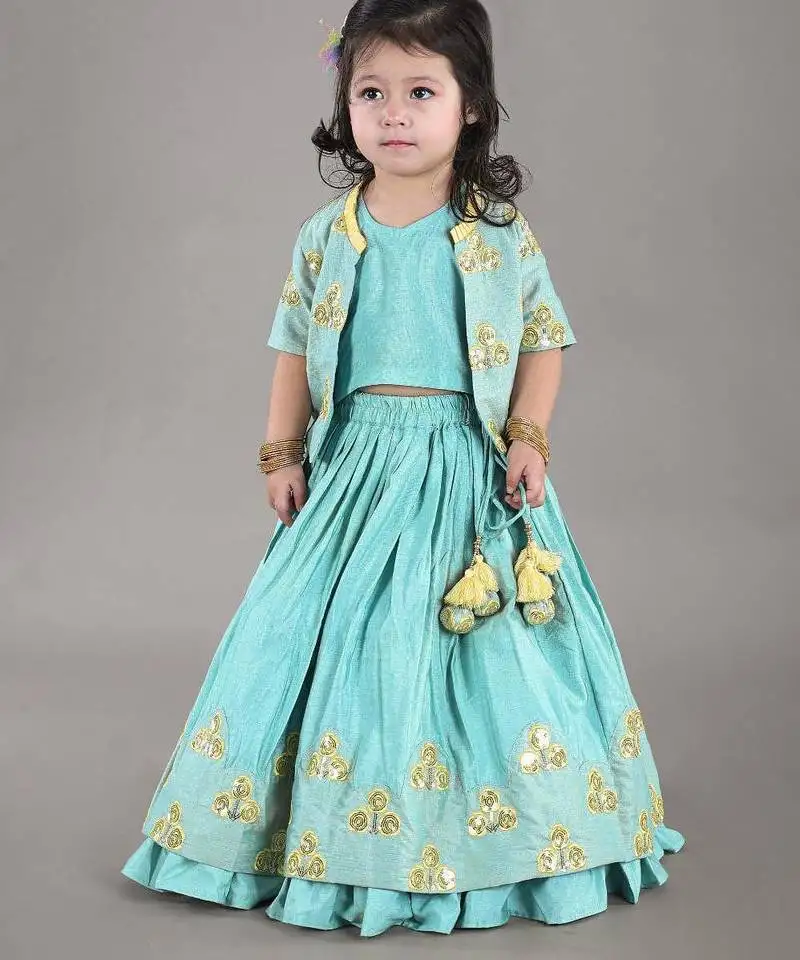Aqua green flower embroidery blouse and ghagara set