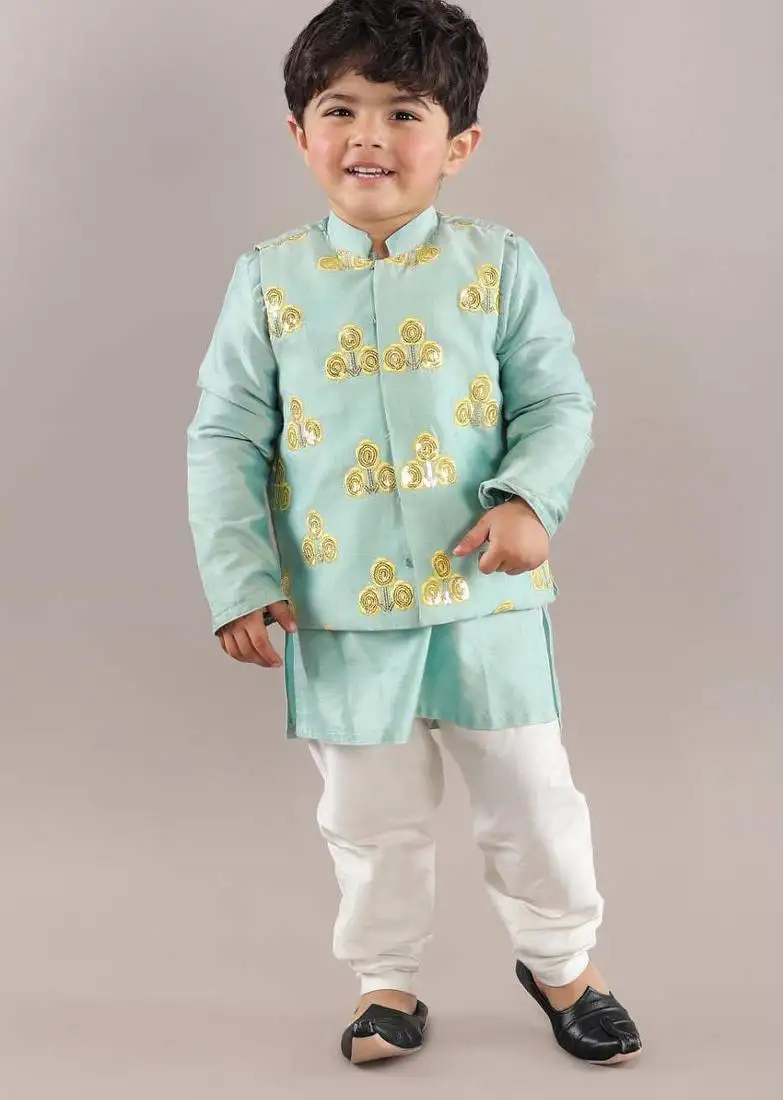 Aqua green kurta with flower embroidery jacket with bottom set