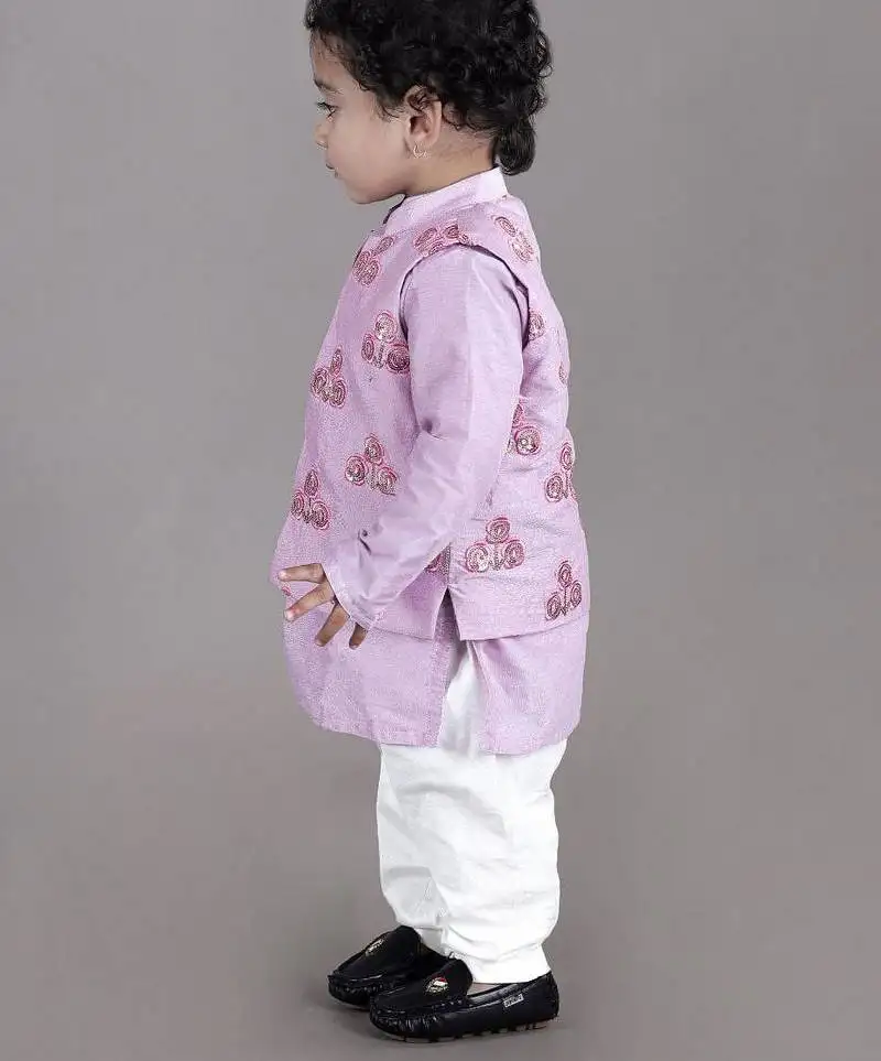 Lavender kurta with flower embroidery jacket with bottom set