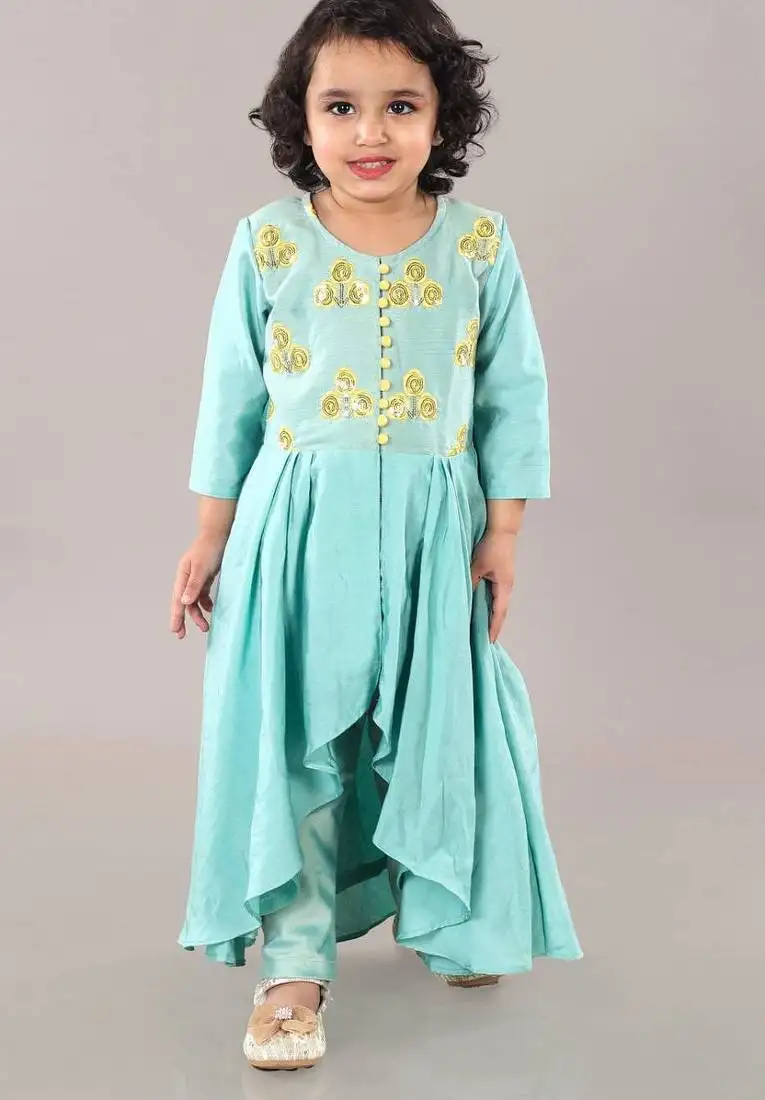 Aqua green anarkali with flower embroidery with bottom set