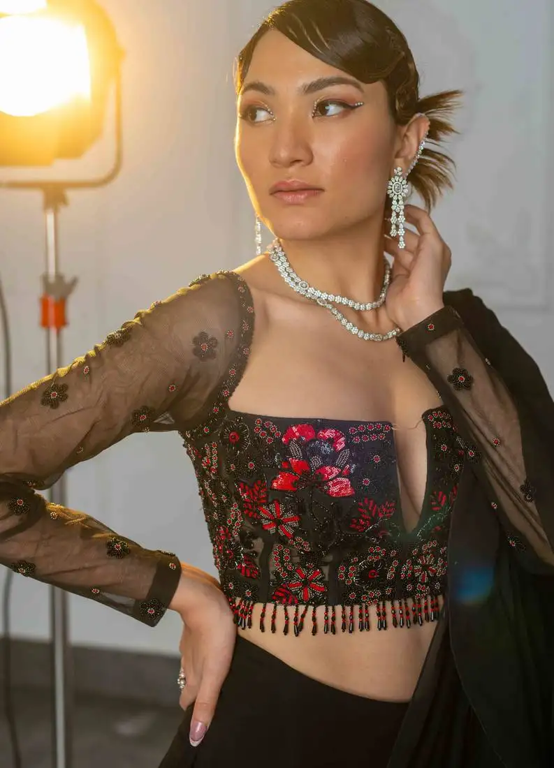 Black+ embroidered+ georgette + readymade + partywear sarees + with blouse