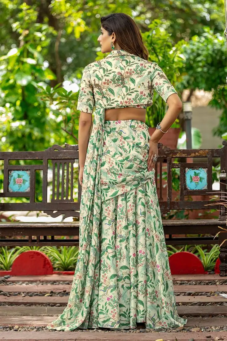 Ivory embroidered chinon readymade fusion wear with blouse