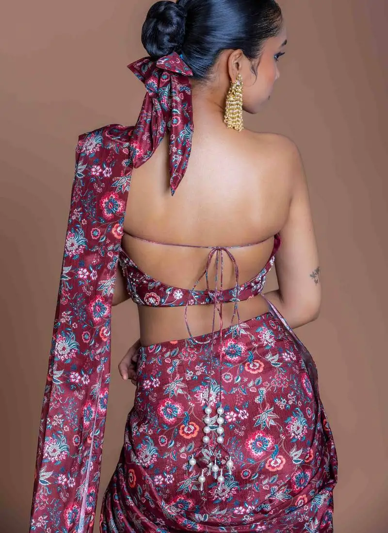 Burgundi + highlight embroidered + chinon + readymade + fusion wear + with blouse