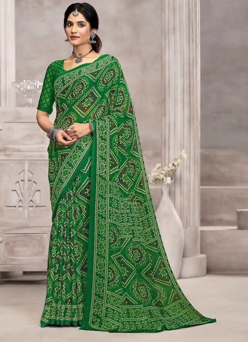 Green chiffon bandhani geometric printed saree with blouse