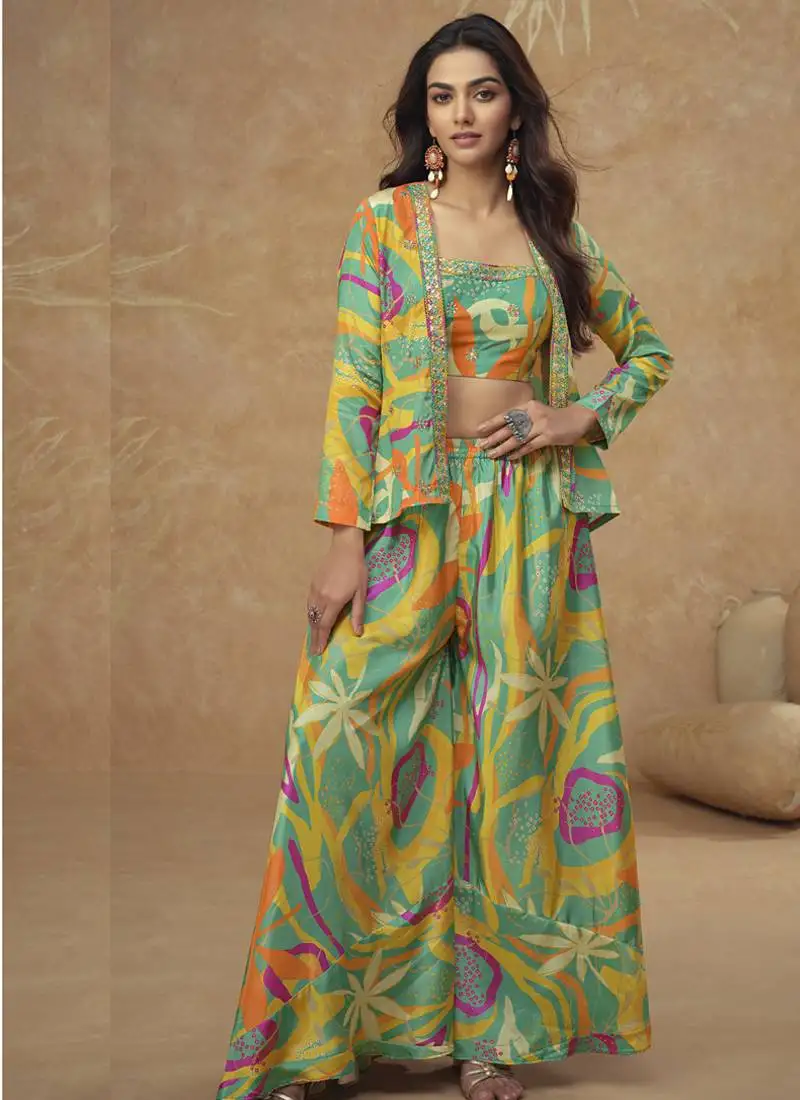 Lime green chinon silk digital print western suit stitched