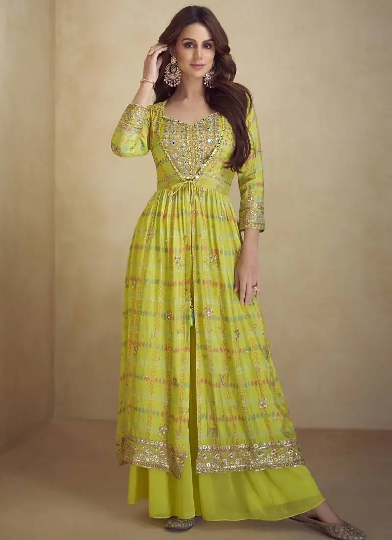 Yellow chinon silk digital print western suit stitched