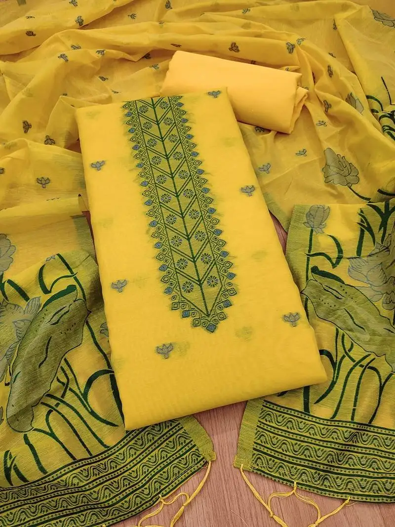 Yellow muga cotton with jamdani weaving work unstitched suit