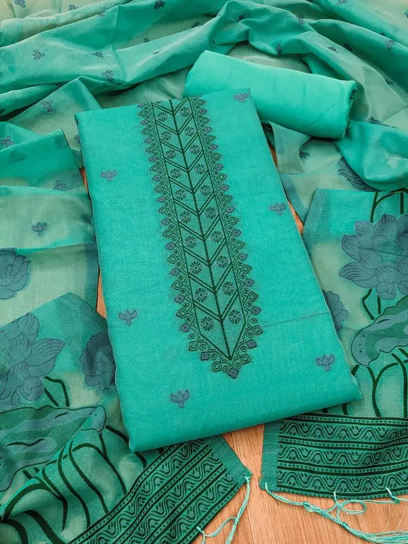 Seagreen muga cotton with jamdani weaving work unstitched suit