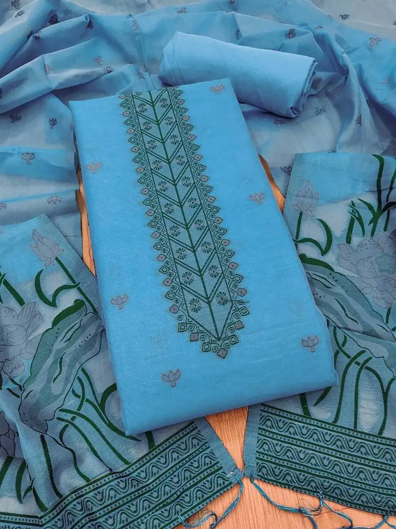 Skyblue muga cotton with jamdani weaving work unstitched suit