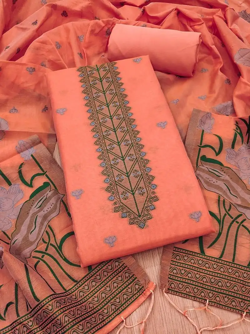 Peach muga cotton with jamdani weaving work unstitched suit
